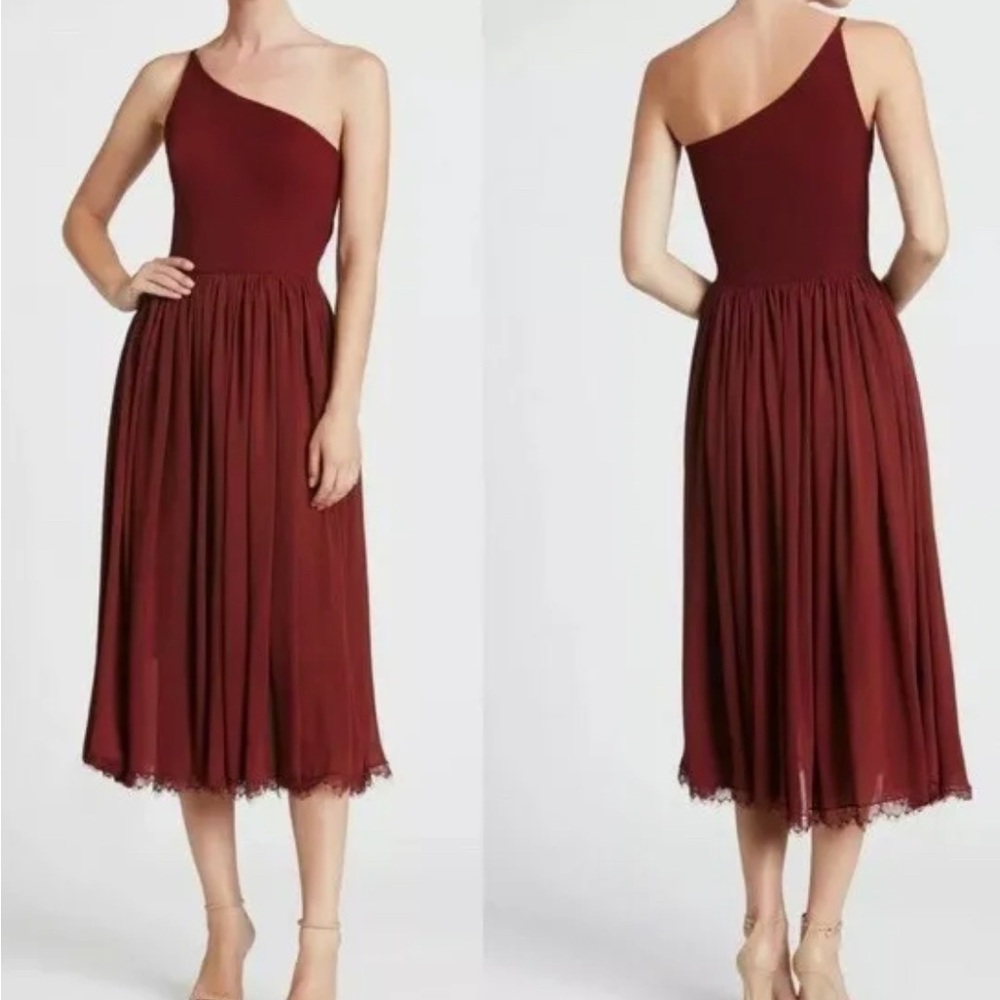 Dress the Population One Shoulder Maroon Midi Dress Size Small